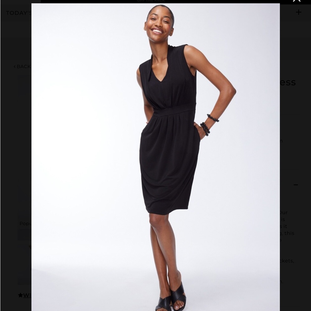 Chico’s solid black short dress, V-neck, sleeveless, side pockets.